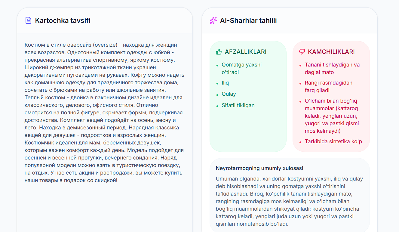 Анализ описания и отзывов WB-образца